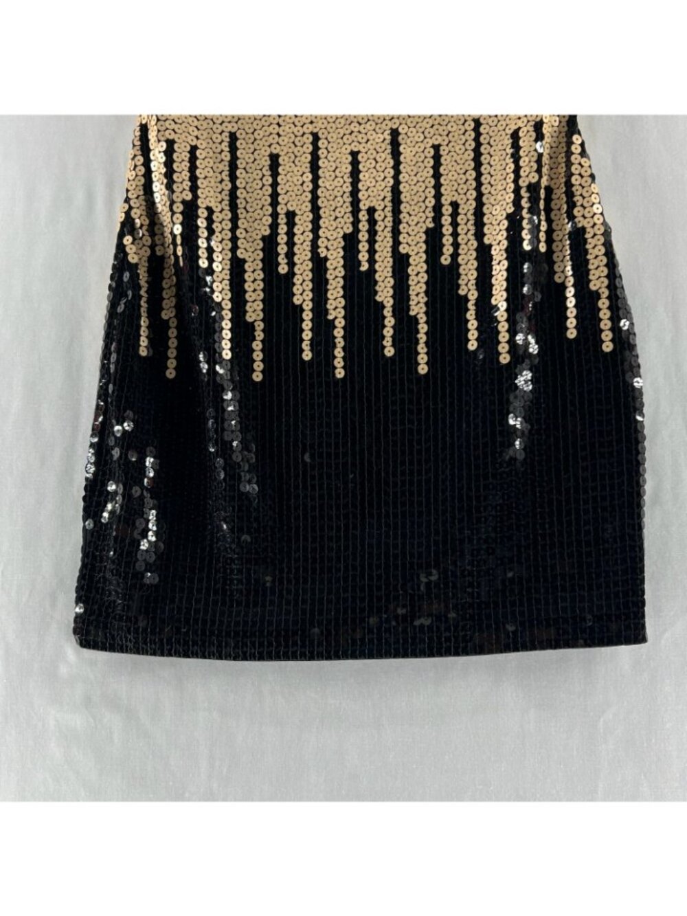 Bebe Strapless Sequin Ombre Mini Dress Womens 2XS Liquid Drip Bodycon Black Gold - Picture 7 of 12